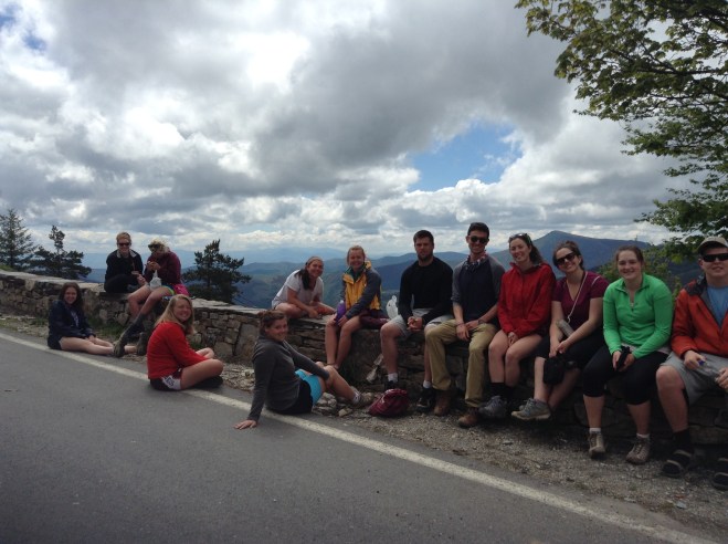 The group relexing after reaching the top of O Cebreiro
